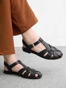 CUCCOO BIZCHIC Women's Closed-Toe Fisherman Sandals - Woven Buckle Ankle Strap Flat - Black - View 3