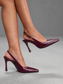 CUCCOO SZL 女款時尚經典簡約扣飾通勤辦公穿搭細跟高跟鞋 - 酒紅色 - 查看 4