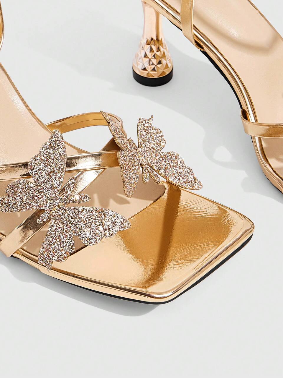 CUCCOO SZL Women's Rose Gold Glossy Butterfly Rhinestone Open-Toed High Heels
