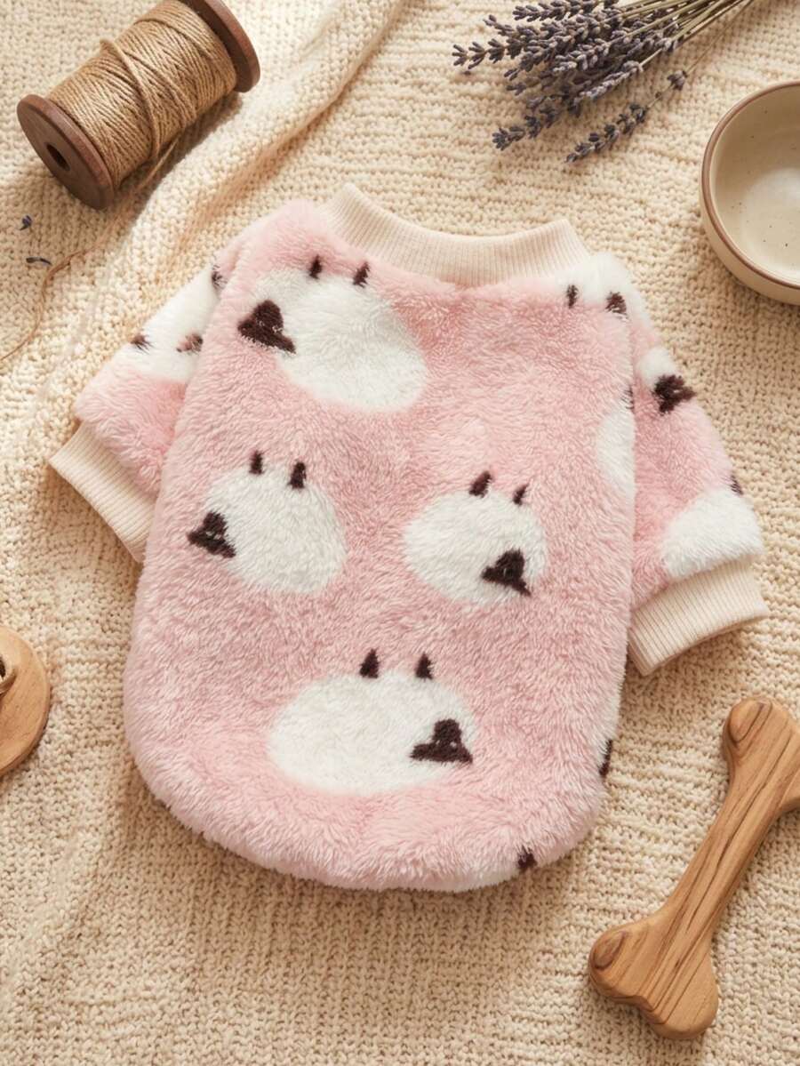 PETSIN 1 Pc Pet Dog Cat Universal Pink Fleece Lamb Print Warm Crew Neck Sweatshirt - Multicolor - View 1