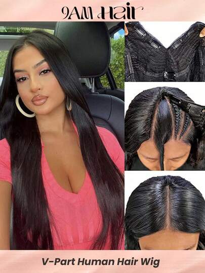 U Part Human Hair Wigs For Black Women Straight Beginner Friendly Unprocessed Brazilian Virgin Human Hair Wig Glueless Hair 150% Density Natural Color