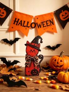 Vintage Halloween Witch Cat Decor Set Halloween Kitten Wooden Sign Ornament Decoration - 1PC - View 9