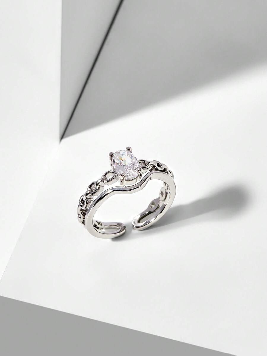 MOTF PREMIUM Nhẫn cá nhân hóa đính đá rhinestone thiết kế hốc mở - Màu bạc - kim cương trắng - Xem 2