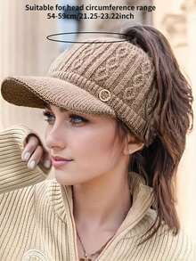 1pc Winter Knit Beanie For Women, Elastic Ponytail Baseball Cap With Ear Flaps, Thick Fleece Lined Stretchable Hat, Featherless, Hand Washable Polyester Baseball Cap - Multicolor - View 4