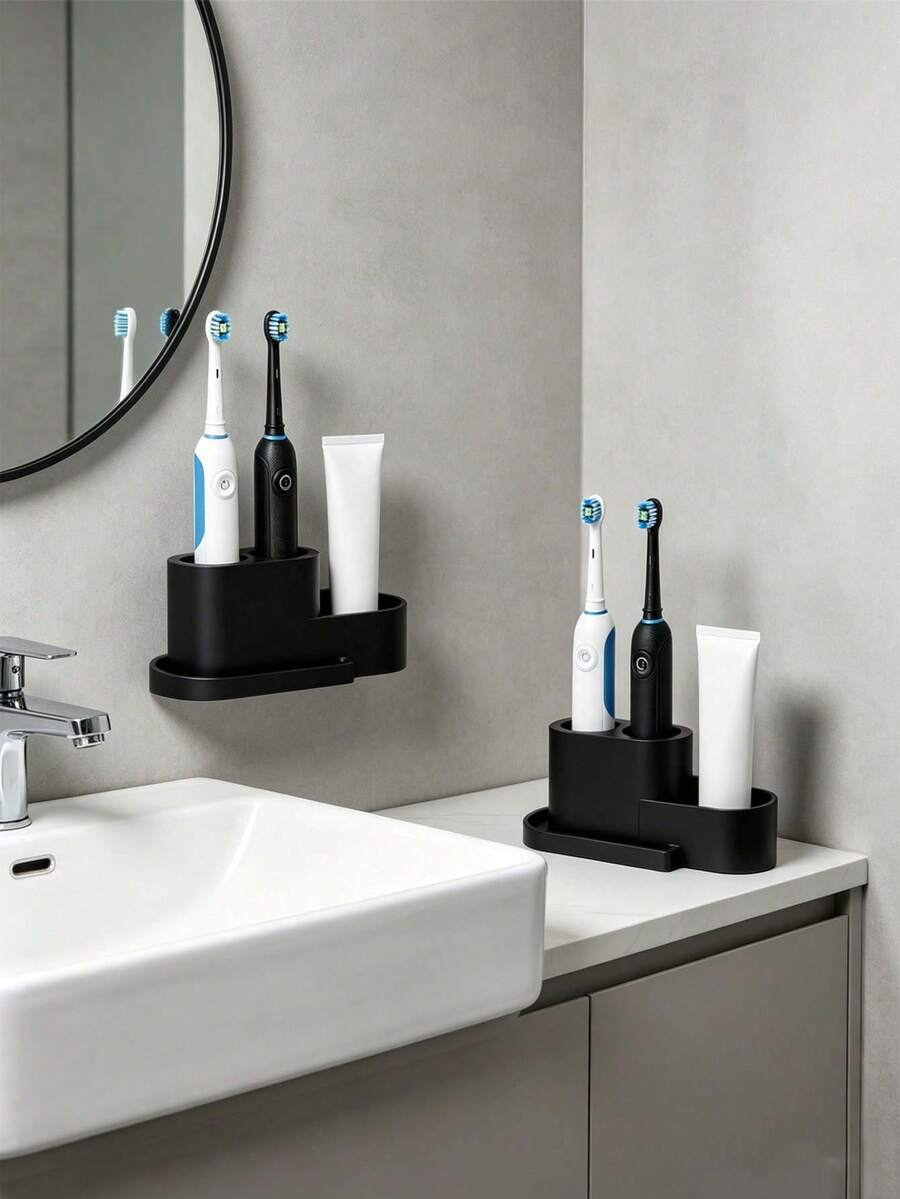 1 Piece 3-Hole Electric Toothbrush Storage Rack, Available In Black And White, Toothbrush And Toothpaste Are Stored Separately, Toothbrush Storage Rack, ABS Plastic Material, Extra Toothpaste Storage Space. Removable And Easy-To-Clean Storage Rack - Multiple I-style - View 1