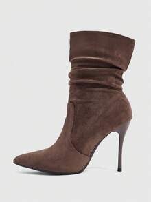 CUCCOO SZL Suede Flanged Pleated Piled Pointed Stiletto Boots, Maillard Autumn And Winter - coffee color - View 4