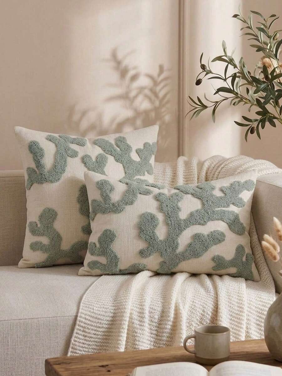Cirelle 1 Stück/2 Stücke Ganzjahres-3D-gesteppte Korallen-Kissenbezüge, Küsten-Nautik-Strukturierte quadratische Kissenbezüge, Boho-Strand-Neutrale dekorative Kissenbezüge für Sofa, Schlafzimmer, Erker & Ferienhaus-Inneneinrichtung, Kissenfüllung nicht enthalten - Taubenblau - Übersicht 1