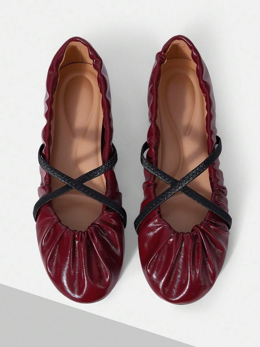 Mnmlis Women's Soft Leather Round Toe Flat-Soled Shoes, Cross-Strap Pleated Insole Embossed Design, Gentle Style Commuting Daily Versatile Fall Shoes - Burgundy - View 1
