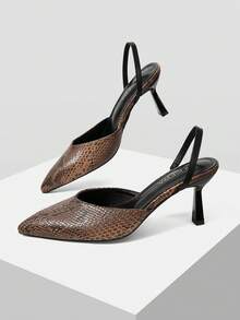 Mnmlis Spring/Summer Snake Print Pointed Tip Thin Heel Retro Empty High Heel Sandals Commuter Dating - Brown - View 5