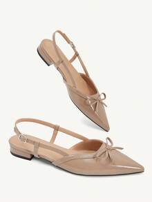 CUCCOO CHICEST Women's Bow Thin Strap Back Strap Pointed Toe Flat Elegant French Style Glossy Apricot One-Strap Shoes, Suitable For Dating And Commuting Fall Shoes - Apricot - View 4