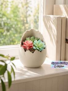 1PC Standard Size Cracked Eggshell Shape Succulent Planter Flower Pot With Creative Minimalist White Finish Cracked Texture Design For Desktop Home Office Garden Balcony Display Decorative Indoor Plant Container Essential - A - View 1
