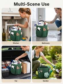 1 Farm-Style Solid Color Garden Tool Storage Bag, Round Bucket-Shaped With 6 Side Pockets And Reinforced Metal Handle, Foldable Oxford Cloth Storage Bag, Large-Capacity Home Garden Organizing Bag - A - View 4