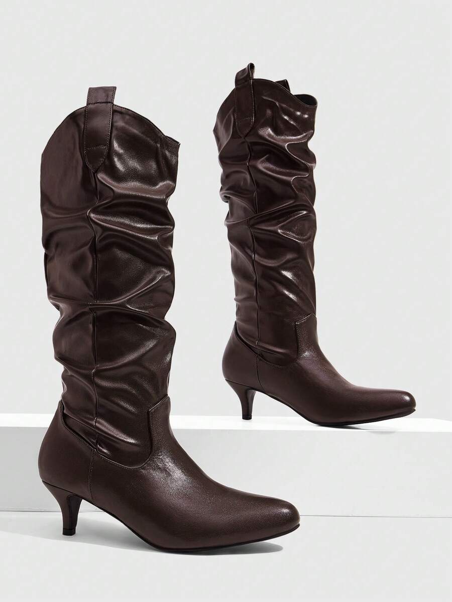 CUCCOO SZL Retro Gentle Style Women Autumn And Winter Commute Dating Solid Color Round Toe High Tube Fine Heel Natural Pile Pleated Tube Elegant Long Tube Fa - Coffee Brown - View 1