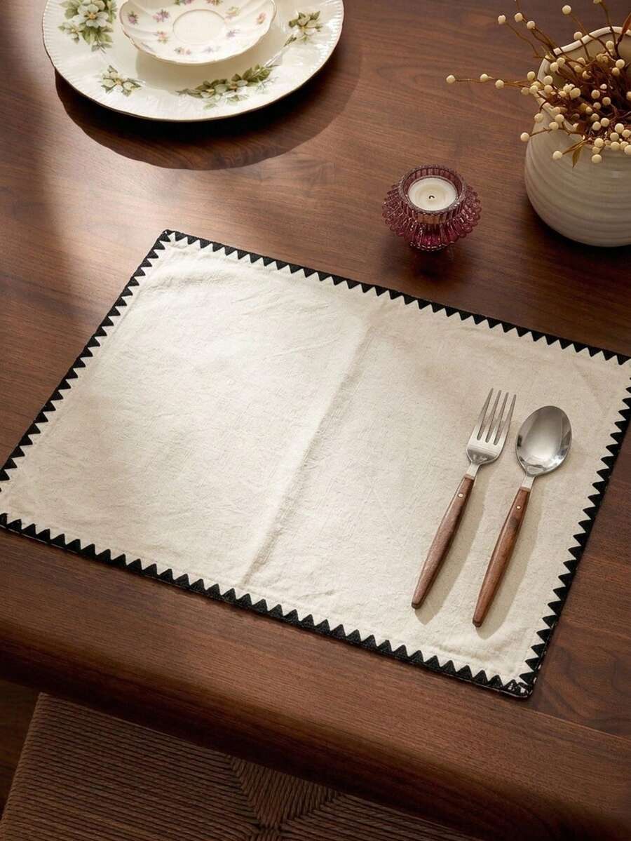 Cirelle French Vintage Table Runner/ Placemats, Cream Linen & Polyester Dining Table Decor With Black Scalloped Trim, Boho Farmhouse Kitchen Essentials - Multicolor - View 1