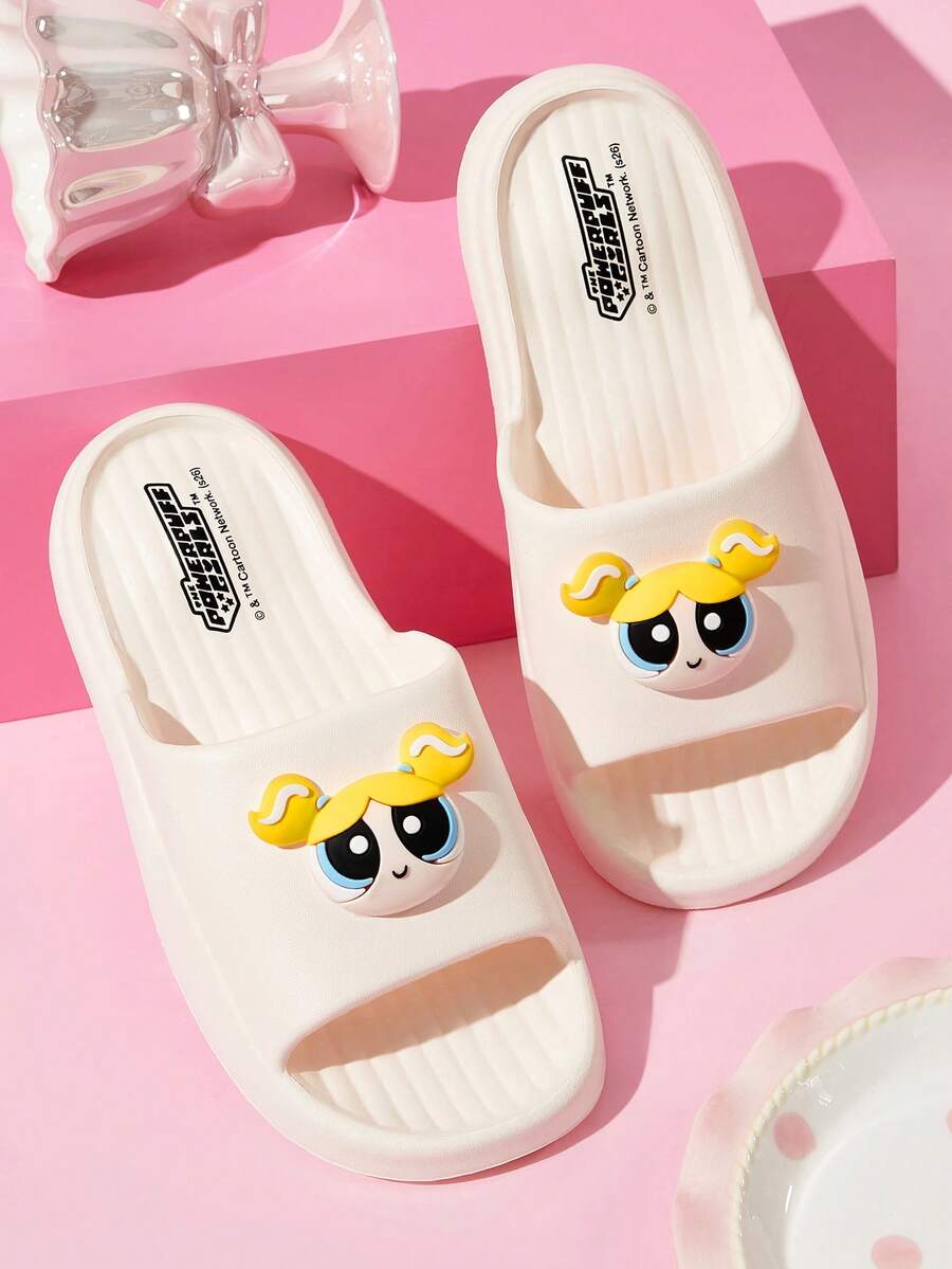 THE POWERPUFF GIRLS X SHEIN 時尚可愛卡通白色一腳蹬拖鞋 防滑快乾浴室拖鞋,輕量耐用 EVA 材質,居家使用 - 白色 - 查看 1