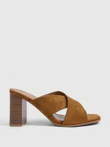 CUCCOO SZL Brown Coffee Cross With Square Toe Thick Heel Outside Wearing Elegant Women's Sandals - Brown - View 3