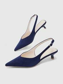 CUCCOO BIZCHIC Giày cao gót nữ màu xanh navy bằng da lộn, phong cách đơn giản thời trang, đi làm hằng ngày, gót nhọn, quai hậu slingback - Màu xanh hải quân - Xem 7