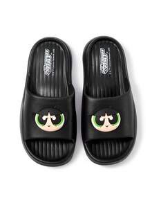 THE POWERPUFF GIRLS X SHEIN 時尚可愛卡通黑色一腳蹬拖鞋 防滑快乾浴室涼拖，輕量耐用 EVA 材質，居家室內使用 - 黑色 - 查看 6
