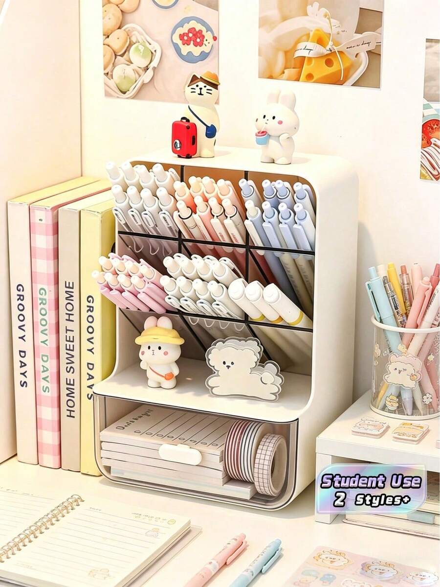 Transparent Drawer-Style Stationery Storage Box, Large Capacity Compartment Storage Box Suitable For Students, Multi-Function Desktop Organizer For School And Office School Supplies - Multicolor - View 1