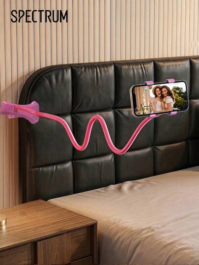 Flexible Phone Clip Holder, Adjustable Long Arm Lazy Cell Phone Stand Clamp Mount, Minimalist White Desk Bedside Smartphone Bracket For Watching Movies Reading, Pink