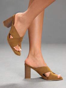 CUCCOO SZL Brown Coffee Cross With Square Toe Thick Heel Outside Wearing Elegant Women's Sandals - Brown - View 7