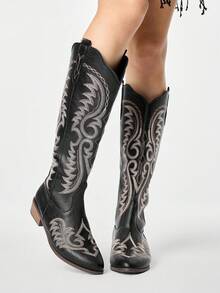ROMWE Fairycore Sandales à talons pour femmes, talons épais, talons hauts, bottes mi-mollet, bottes à semelle épaisse avec broderie, bottes hautes à découpe en V, bottes de chevalier, bottes occidentales longues à bout pointu - Noir - Voir 5