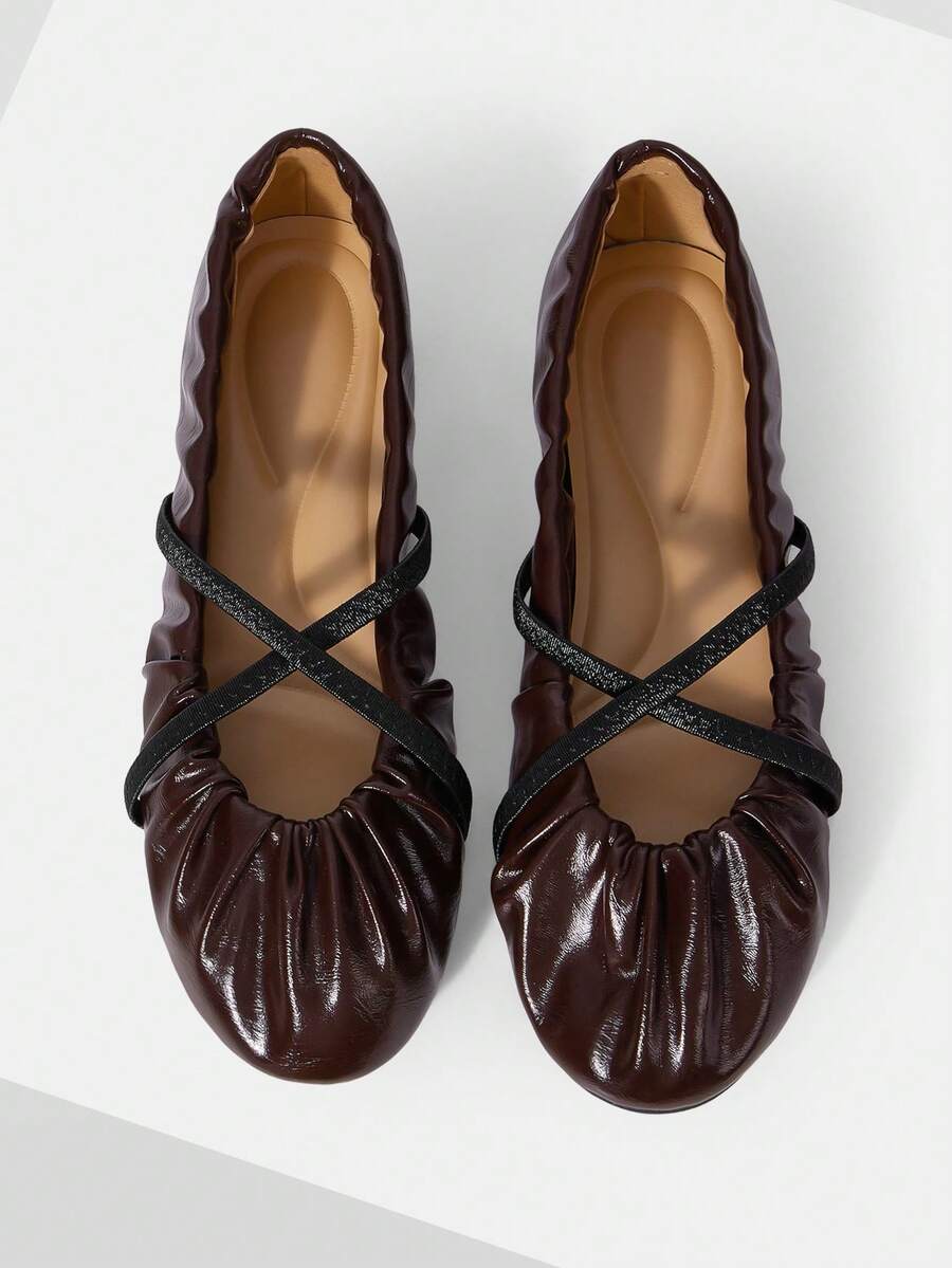 Mnmlis Women's Soft Leather Round Toe Flat-Soled Shoes, Cross-Strap Pleated Insole Embossed Design, Gentle Style Commuting Daily Versatile - Coffee Brown - View 1