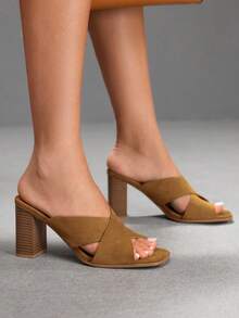 CUCCOO SZL Brown Coffee Cross With Square Toe Thick Heel Outside Wearing Elegant Women's Sandals - Brown - View 8