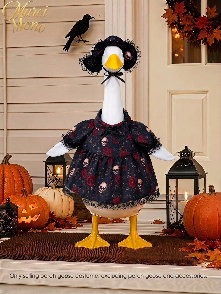 Halloween Gothic White Goose Figure With Skull & Rose Dress Lace Hat - Spooky Outdoor Garden Decoration - A - View 1