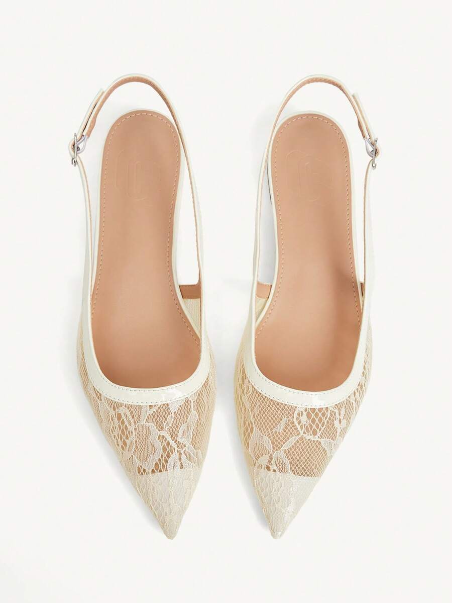 CUCCOO CHICEST Women's Lace Perspective Upper Thin Rear Strap Pointed Retro Pure Lace Splicing Patent Leather Apricot Rear Empty Sandals Dating Atmosphere Wear Casua - Beige - View 1