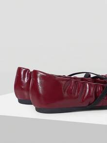 Mnmlis Women's Soft Leather Round Toe Flat-Soled Shoes, Cross-Strap Pleated Insole Embossed Design, Gentle Style Commuting Daily Versatile Fall Shoes - Burgundy - View 3