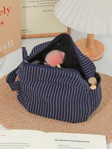 Found Favorite Classic Striped Large Capacity Handheld Makeup Bag - Cotton And Hemp Fabric - Dark Color - Zipper - Skincare Travel Compact Storage Bag - Blue - View 9