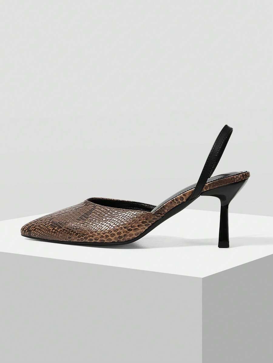 Mnmlis Spring/Summer Snake Print Pointed Tip Thin Heel Retro Empty High Heel Sandals Commuter Dating - Brown - View 1