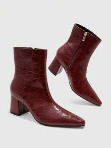 CUCCOO BIZCHIC Women's Retro Alligator Pattern Pressed Leather Pointed Heel Side Zipper Short Boots Burgundy Glossy PU Slim Temperament Autumn And Winter Ankle Boots - Burgundy - View 7