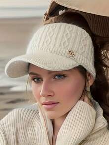 1pc Winter Knit Beanie For Women, Elastic Ponytail Baseball Cap With Ear Flaps, Thick Fleece Lined Stretchable Hat, Featherless, Hand Washable Polyester Baseball Cap - Multicolor - View 3