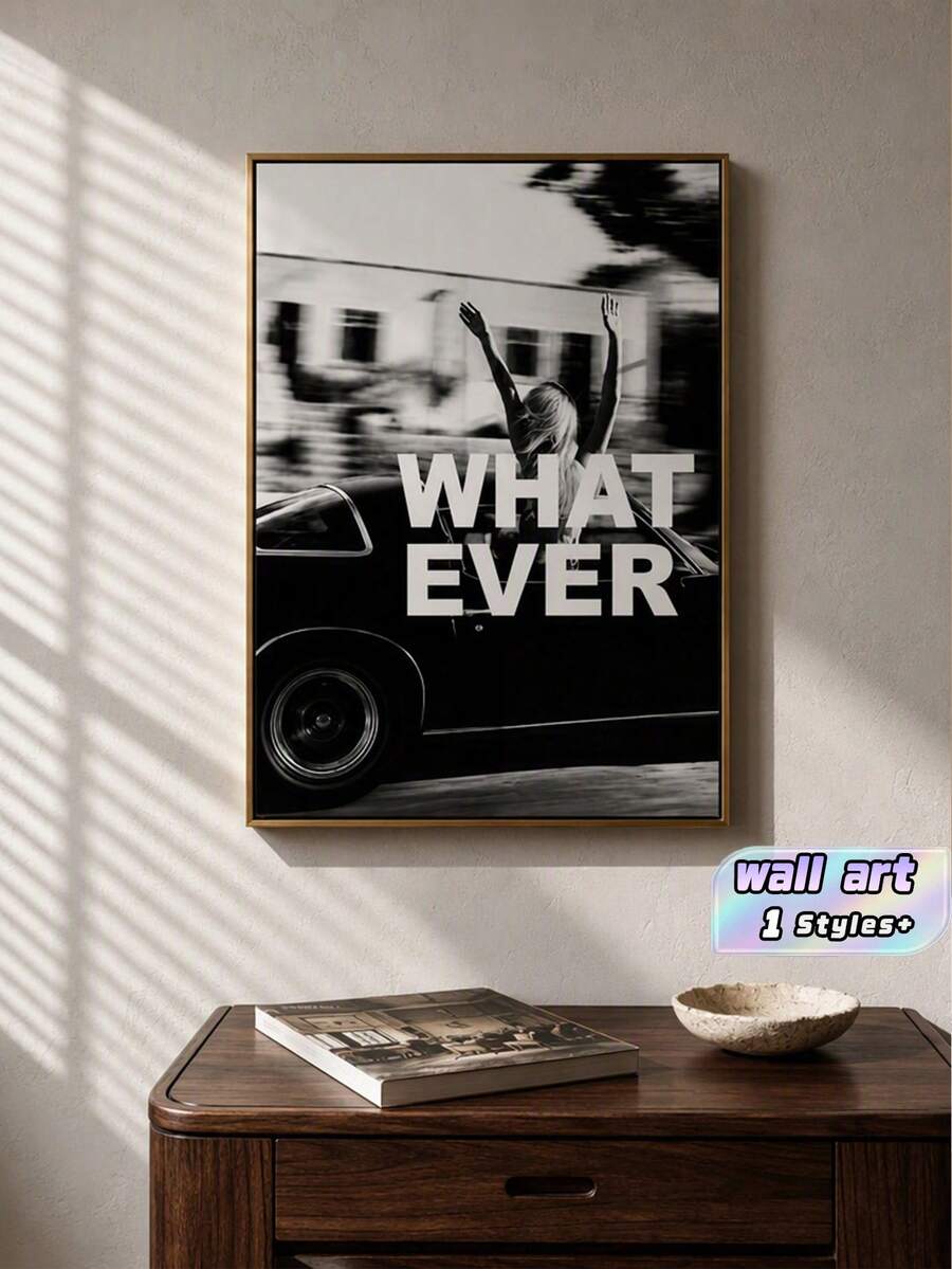 黑白復古牆面藝術海報,經典汽車女孩印花,WHAT EVER 文字排版牆面裝飾,客廳臥室用畫廊包邊畫布 - 多色 - 查看 1