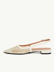 CUCCOO CHICEST Women's Lace Perspective Upper Thin Rear Strap Pointed Retro Pure Lace Splicing Patent Leather Apricot Rear Empty Sandals Dating Atmosphere Wear Casua - Beige - View 6