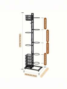 1PC Freestanding Sturdy Space Saving Holds Multiple Basketballs Soccer Volleyballs Tennis Rackets With Hoop And Hooks Silver Vertical Ball Rack For Home Gym Garage Backyard School Sports Court Durable Easy Access Non Slip Base Perfect Organizer Gift - black - View 7