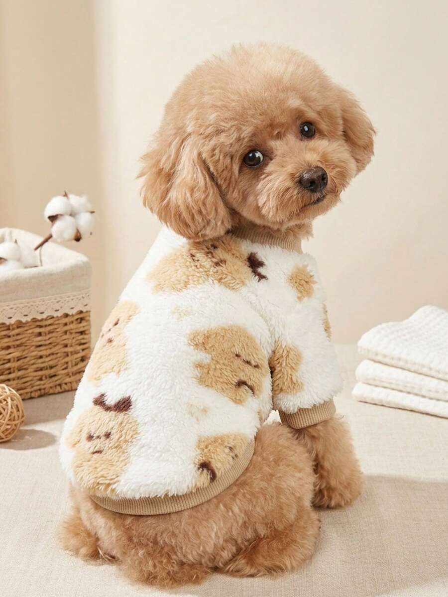 PETSIN 1 Pc Pet Fleece Round Neck Sweatshirt, Cute Puppy Print, Warm For Dog - Multicolor - View 1