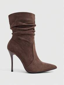 CUCCOO SZL Suede Flanged Pleated Piled Pointed Stiletto Boots, Maillard Autumn And Winter - coffee color - View 2