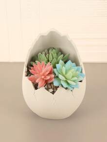 1PC Standard Size Cracked Eggshell Shape Succulent Planter Flower Pot With Creative Minimalist White Finish Cracked Texture Design For Desktop Home Office Garden Balcony Display Decorative Indoor Plant Container Essential - A - View 4