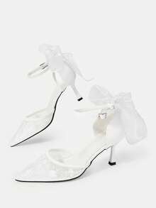 CUCCOO HITCHD Transparent Mesh Embroidered Bridal High Heels, Ankle Strap Bow High Heels, Suitable For Wedding Ceremonies And Bridal Wear. - White - View 7