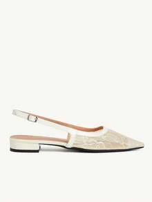 CUCCOO CHICEST Women's Lace Perspective Upper Thin Rear Strap Pointed Retro Pure Lace Splicing Patent Leather Apricot Rear Empty Sandals Dating Atmosphere Wear Casua - Beige - View 3