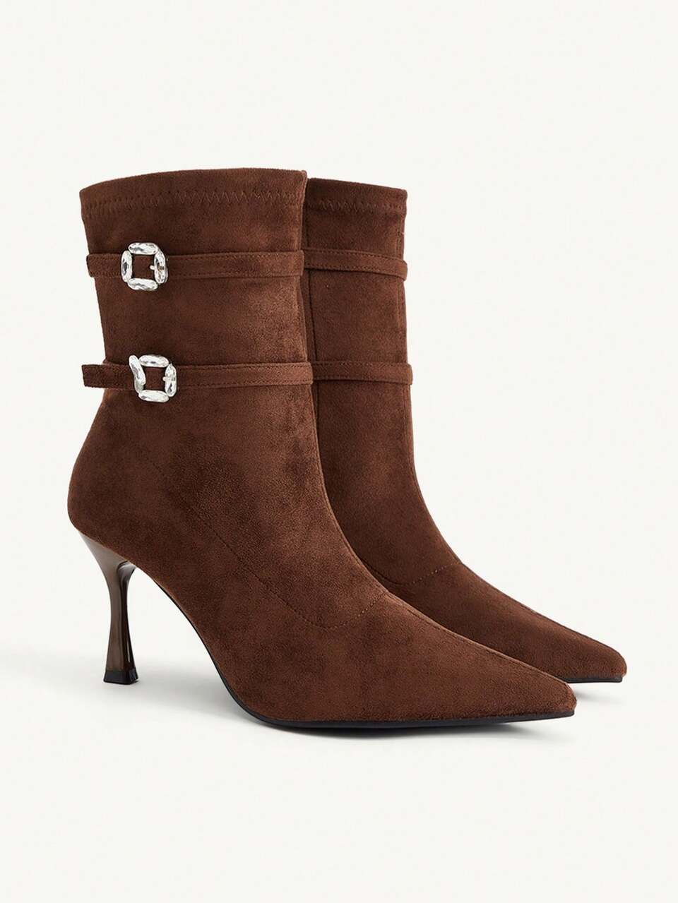 CUCCOO CHICEST Autumn And Winter Double Rhinestone Buckle Elastic Suede Pointed Stiletto Retro Medium Boots