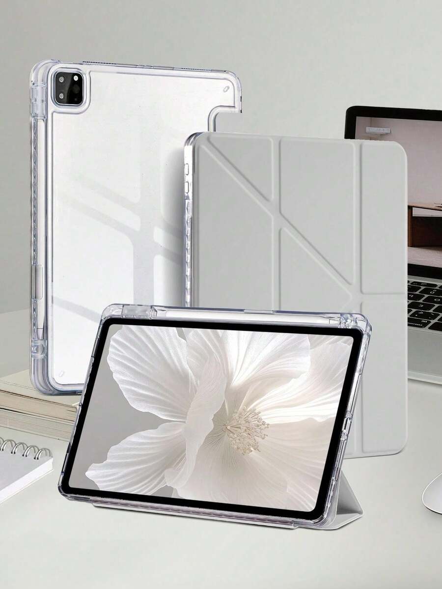 A Transparent Acrylic Y-Fold Gray Tablet Case For IPad 11iPad (A16) 12 Inch 11th Generation 2025 Model: Multi-Fold Adjustable Viewing Angle Bracket, Built-In Pen Slot, High-Transmission Acrylic Back Shell, Shockproof, Sleep/Wake, Simple/Classic - Grey - View 1