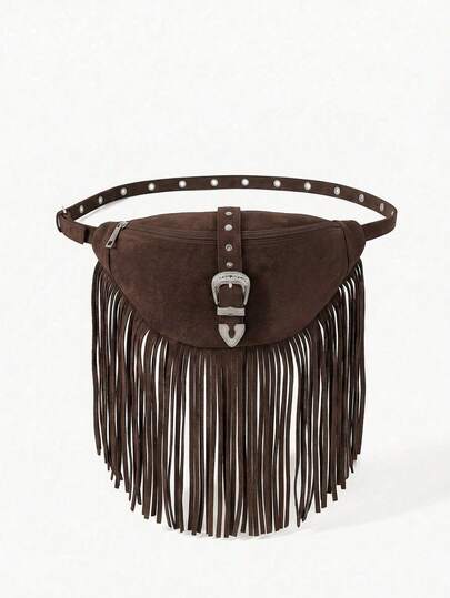 Viva Strut Women's Retro Hardware Buckle And Rivet Tassel Waist Bag/Chest Bag, Coffee Color, Fashionable Personalized Street Style, Sweet And Cool Girls Y2K