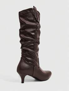 CUCCOO SZL Retro Gentle Style Women Autumn And Winter Commute Dating Solid Color Round Toe High Tube Fine Heel Natural Pile Pleated Tube Elegant Long Tube Fa - Coffee Brown - View 3