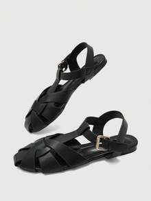 CUCCOO BIZCHIC Women's Closed-Toe Fisherman Sandals - Woven Buckle Ankle Strap Flat - Black - View 9
