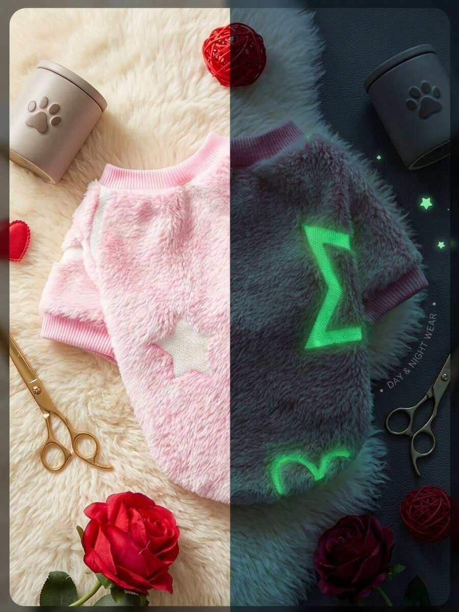 PETSIN 情人節(發光款)1件裝 粉色螢光發光愛心與星星圖案法蘭絨印花寵物衛衣 - 彩色 - 查看 1