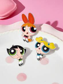 THE POWERPUFF GIRLS X SHEIN 3件組時尚可愛卡通鋅合金胸針別針組，包包吊飾，適合作為禮物、收藏品、紀念品 - 彩色 - 查看 5